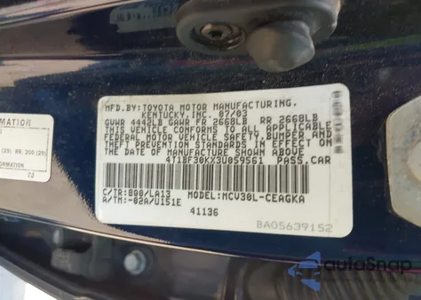 2003 Toyota Camry Xle V6 из США, поврежденный, VIN 4T1BF30KX3U059561